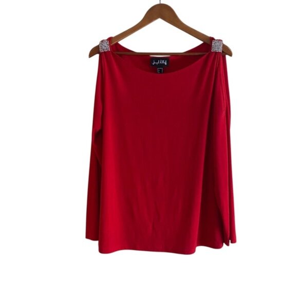 JOne Sizeeph Ribkoff Cold Shoulder Bloe Woman 16 Red Boat Neck Bling Slinky FLAW - Picture 1 of 14